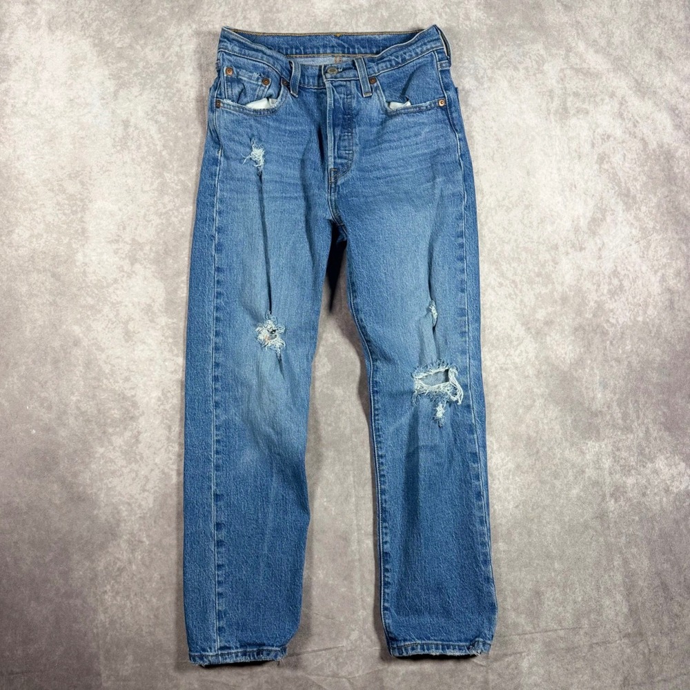 Levis 501 Original Fit Jeans Womens W25 L26 Distressed Medium Wash Button Fly